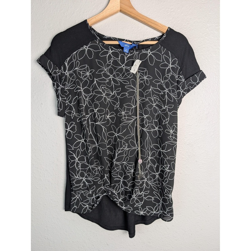 APT.9 Tunic Blouse Womens M Black Floral Tasseled Round Neck Pullover Top